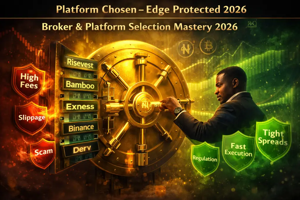 Cinematic high-resolution blog header for "Broker & Platform Selection Mastery 2026". A futuristic golden vault door with multiple digital key slots labeled "Risevest", "Bamboo", "Exness", "Binance", "Deriv", "Chaka". Center a focused Nigerian trader (Lagos/Abuja setting) confidently inserting the perfect key, while red "High Fees", "Slippage", "Scam" warning signs bounce off the vault and green "Tight Spreads", "Fast Execution", "Regulation" shields protect it. Background: subtle 2026 market volatility waves calming into smooth green compounding curves, faint NGN, BTC, NGX icons. Palette: protective gold vault, warning red threats, vibrant green safe execution. Sharp, dramatic cinematic lighting with golden rays highlighting the vault, top text space: “Platform Chosen – Edge Protected 2026”. Ultra-detailed, 16:9 aspect ratio, professional motivational style perfect for blog featured image.