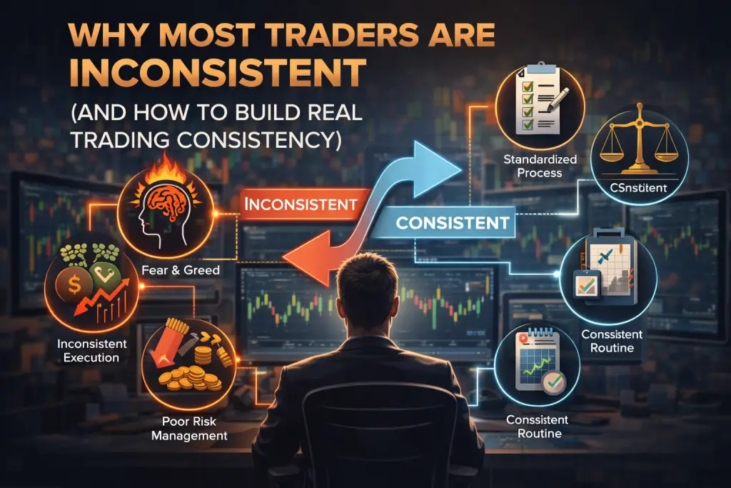 consistent trading strategy, how to be consistent in trading, trading performance consistency, why traders are inconsistent, trading habits for consistency, profitable trading routine, trading execution consistency