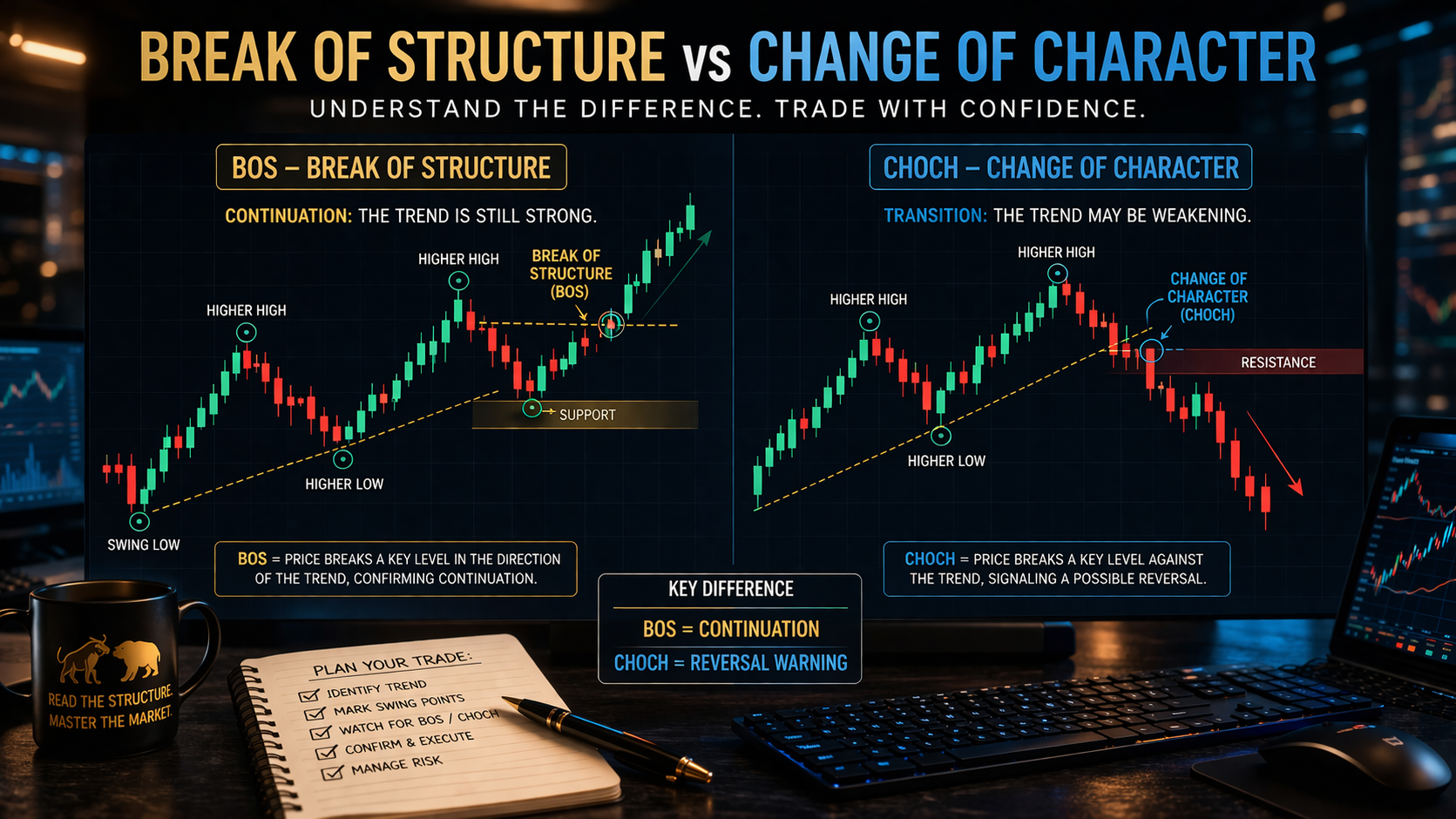 break of structure forex, change of character forex, BOS vs CHOCH, market structure forex, forex trend reversal, forex continuation signals, how to identify break of structure, how to identify change of character