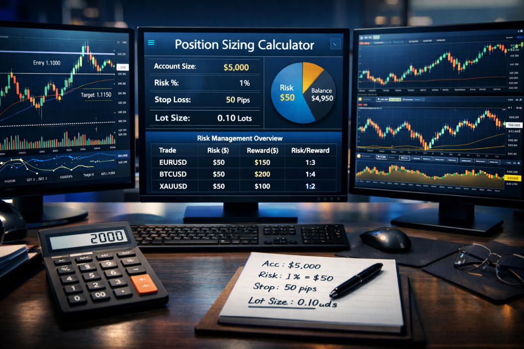 position sizing in trading, forex position sizing, lot size calculation forex, risk per trade trading, position sizing formula, gold position sizing, crypto position sizing, trading risk management position sizing, how to calculate lot size